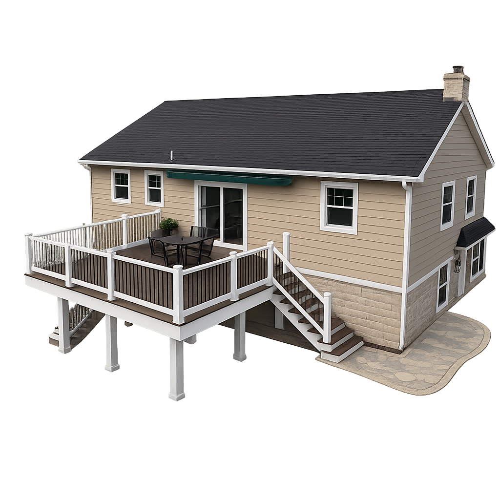 Custom composite deck with railing and built-in seating