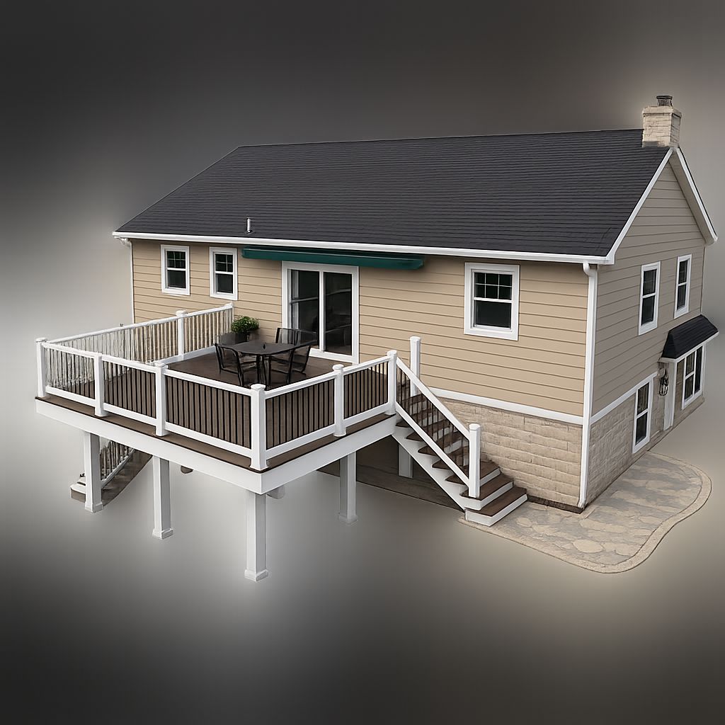 Custom composite deck with railing and built-in seating
